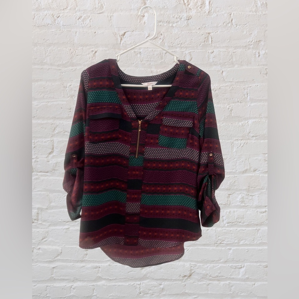 Candie's Burgundy and Green Striped Blouse Size Small